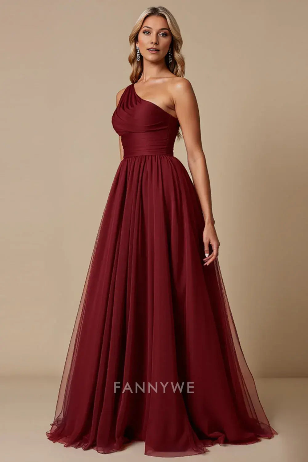 FannyWe Vestidos de Noche Sencillos Línea A Cabernet Un Hombro Tul Vestido Largo de Dama de Honor Venta Caliente